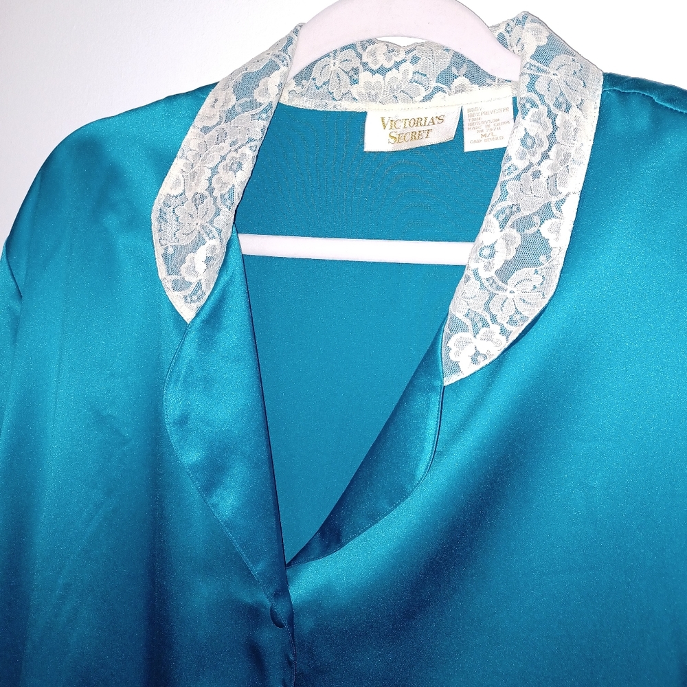 Vintage Victoria's Secret Gold Label Satin Nightie Turquoise Lace Trim M/L